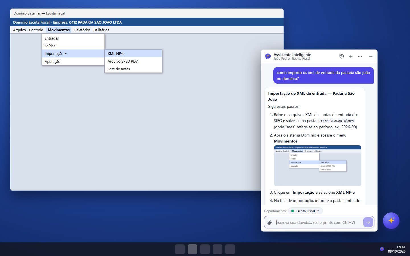 Área de trabalho com o sistema contábil aberto e, ao lado, o chat do assistente respondendo como importar os XMLs de entrada de um cliente, com o print da tela dentro do passo a passo. No canto, a bolinha flutuante do assistente.