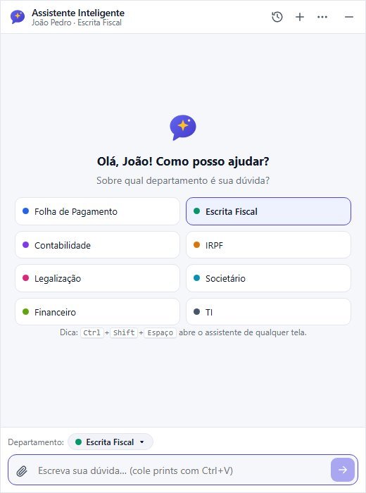 Tela inicial do chat do assistente: Olá, João! Sobre qual departamento é sua dúvida? Com botões para Folha de Pagamento, Escrita Fiscal, Contabilidade, IRPF, Legalização, Societário, Financeiro e TI.