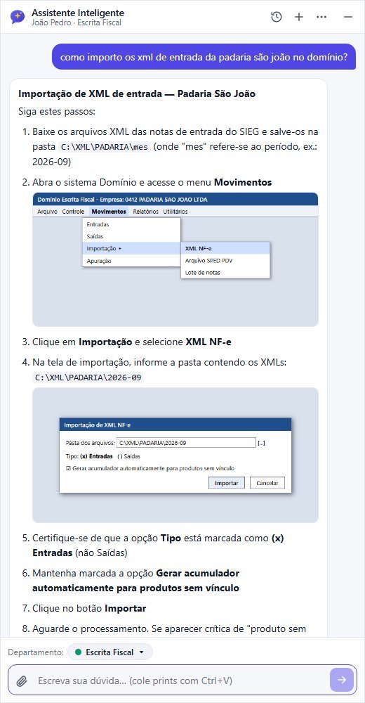 Resposta do assistente com o passo a passo para importar XMLs de entrada de um cliente, com os prints das telas do sistema dentro dos passos.