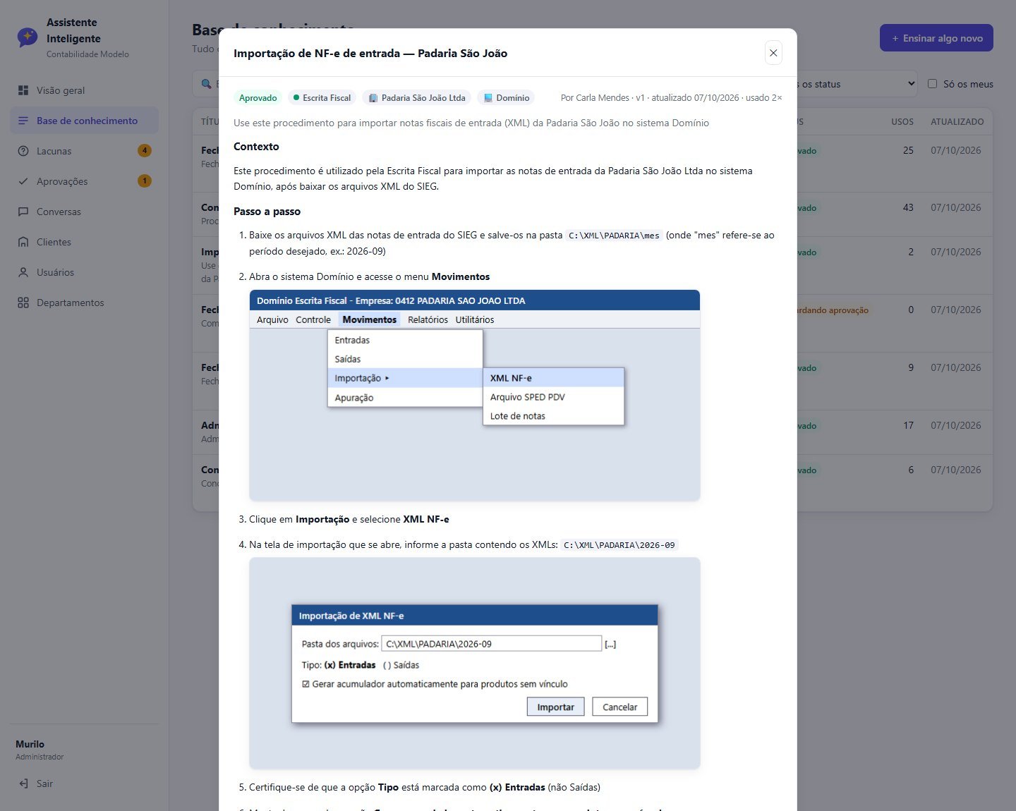 Processo publicado no painel, com contexto, passo a passo e os prints das telas dentro dos passos, indicando autor, versão e data de atualização.