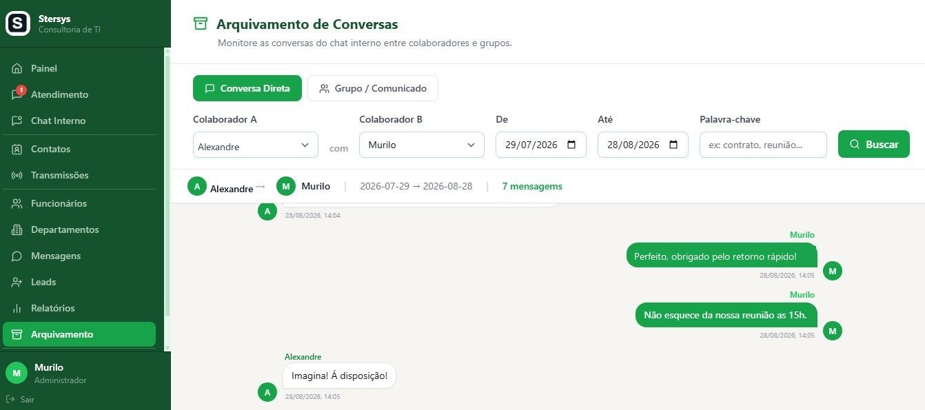 Tela de arquivamento de conversas, filtrando por colaboradores, período e palavra-chave.