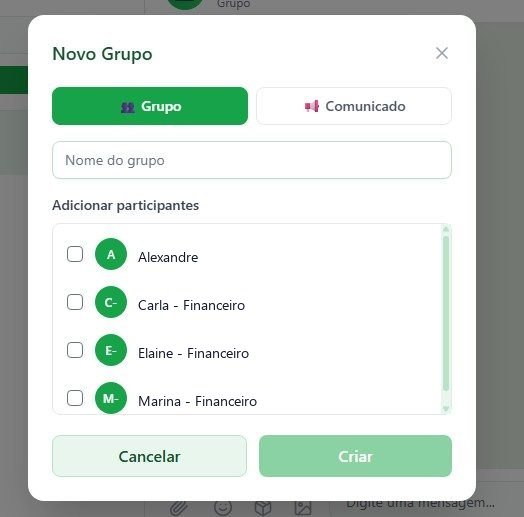 Janela de criação de grupo no chat interno, com seleção de participantes.