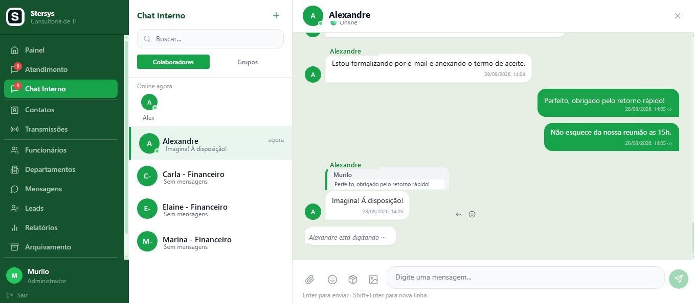 Chat interno da empresa, com lista de colaboradores e uma conversa direta aberta.
