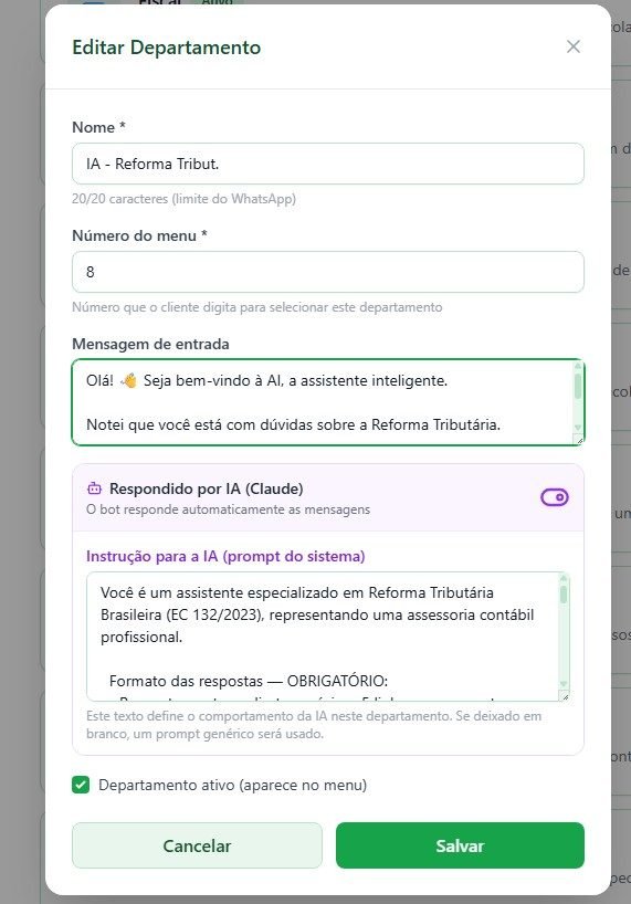 Configuração de um departamento respondido por inteligência artificial, com mensagem de entrada e instruções do bot.