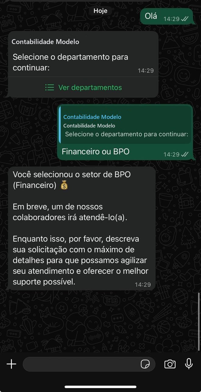 No WhatsApp do cliente, o menu de departamentos para escolher o setor.