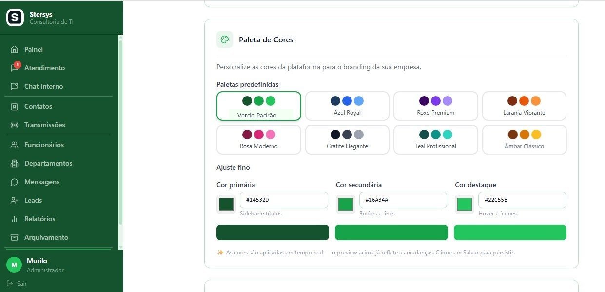 Configuração da paleta de cores da plataforma, com paletas predefinidas e ajuste fino das cores primária, secundária e de destaque.