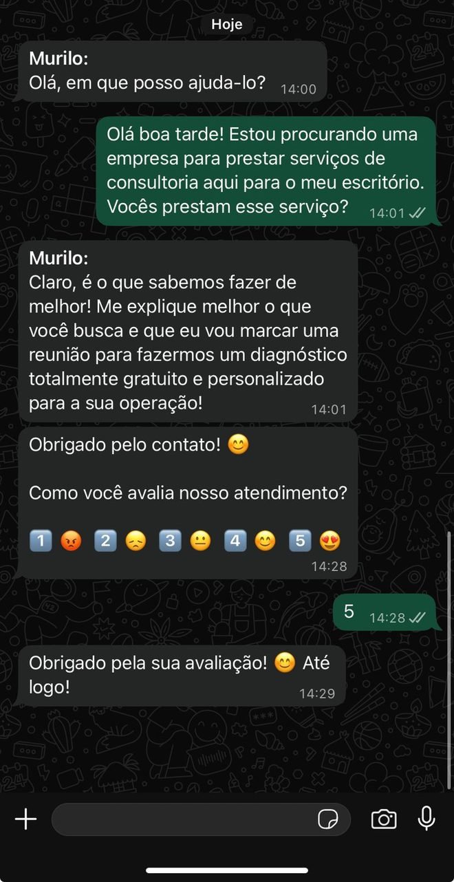 Conversa no WhatsApp do cliente recebendo a pesquisa de satisfação de 1 a 5 ao fim do atendimento.