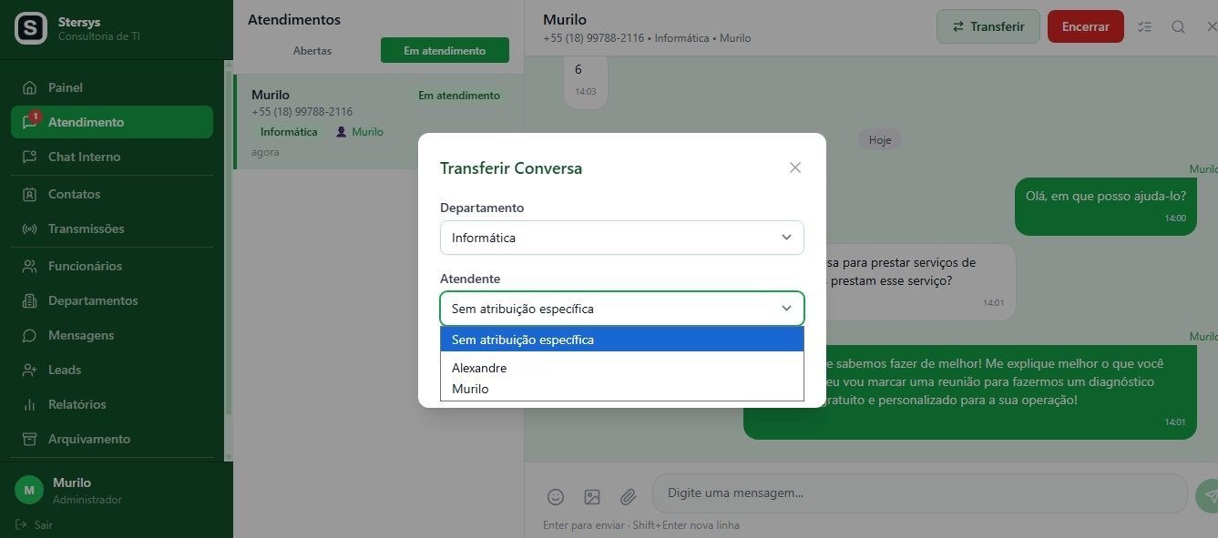 Janela de transferência de conversa, com seleção de departamento e de atendente.