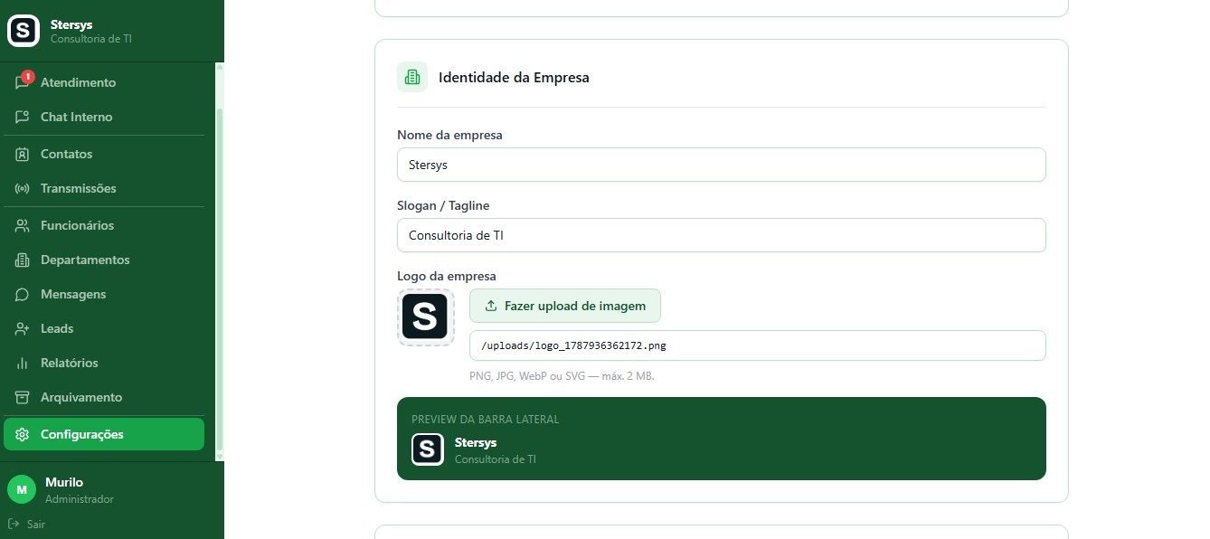Configuração da identidade da empresa: nome, slogan, upload de logo e prévia da barra lateral.