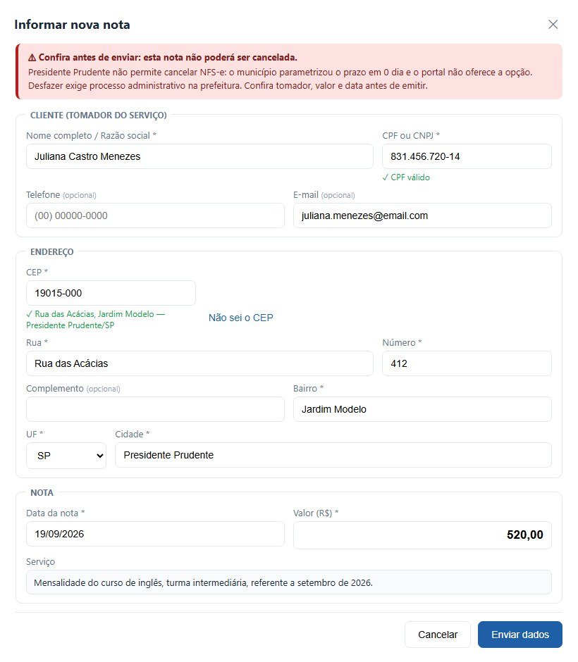 Formulário do BuscaFiscal em que o cliente informa os dados de uma nota, com CPF validado, endereço completado pelo CEP, descrição do serviço fixa e um aviso de que a nota não poderá ser cancelada.