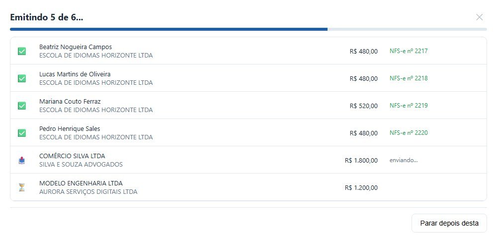 Janela de emissão em lote no BuscaFiscal, com quatro notas emitidas e numeradas, uma sendo enviada e uma na espera.