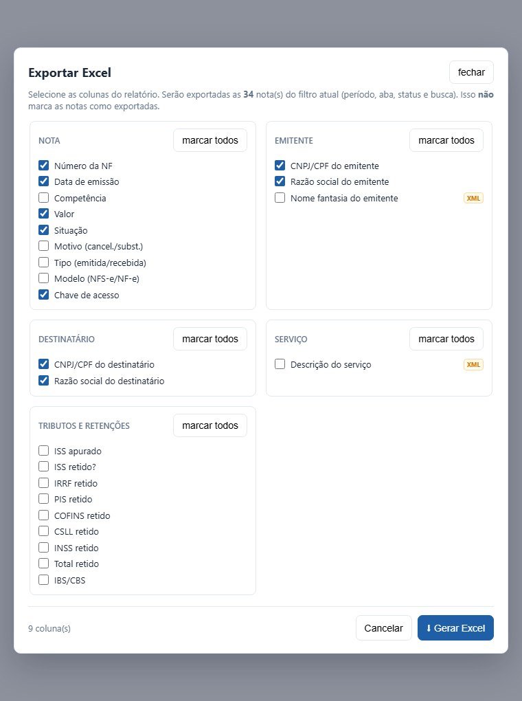 Janela de exportação para Excel no BuscaFiscal, com as colunas do relatório agrupadas por nota, emitente, destinatário, serviço e tributos.